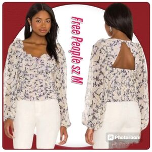 Free People Blouse Marble Ruched With Lace Up Floral Sheer Long  Sleeves Top
